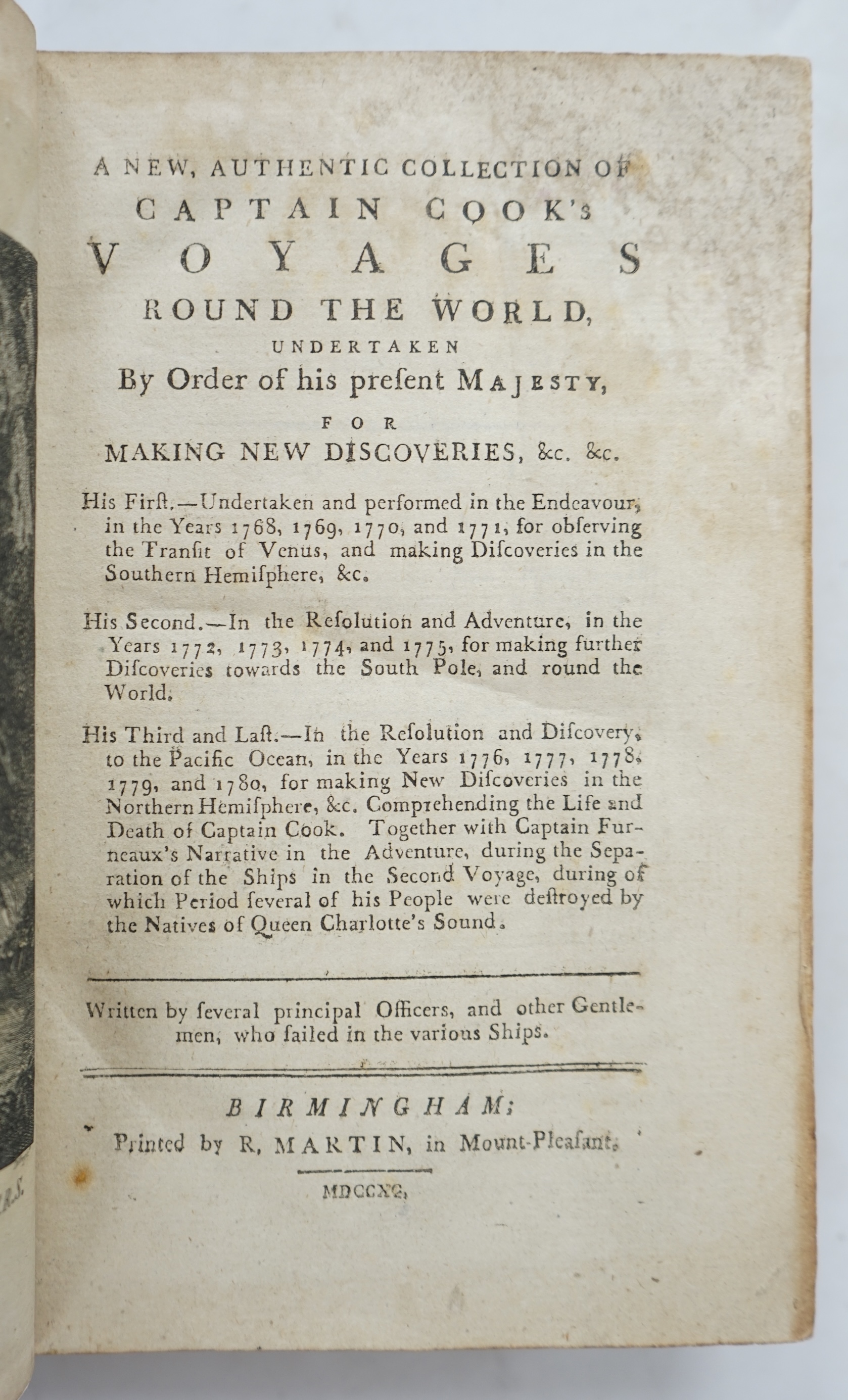 Cook, Captain James - A New, Authentic Collection of Captain Cook's Voyages Round the World, Undertaken by Order of his present Majesty, for Making New Discoveries,... Birmingham: R. Martin, 1790. 618 pp. Frontis. portra